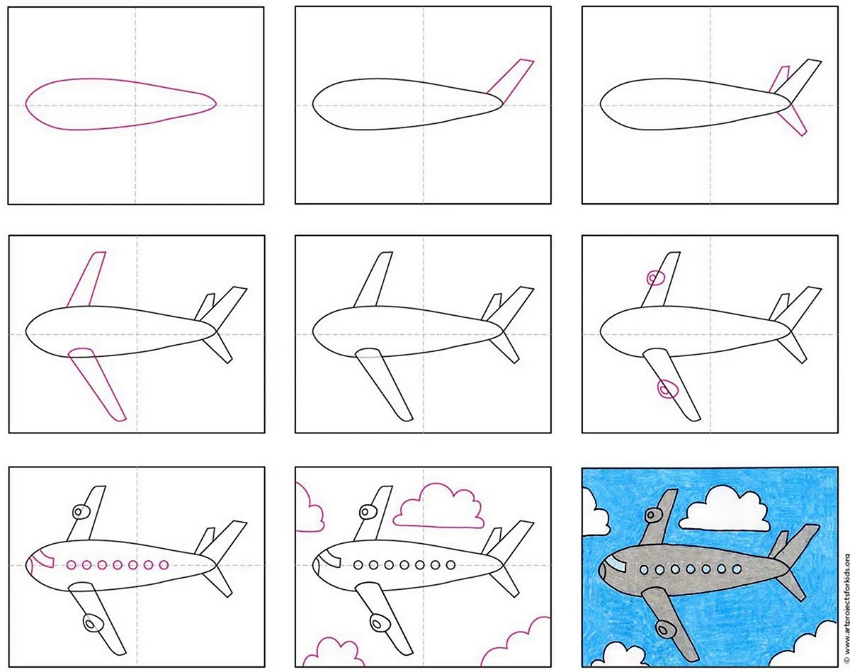 Поэтапное рисование самолета для детей. Для срисовки