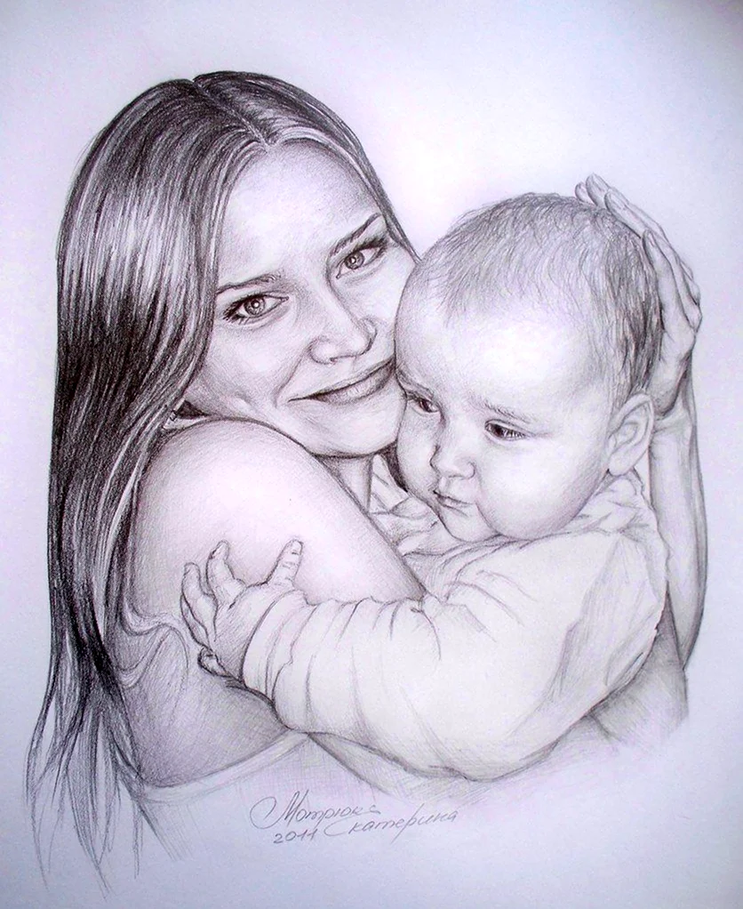 Портрет мамы и ребенка карандашом. Для срисовки