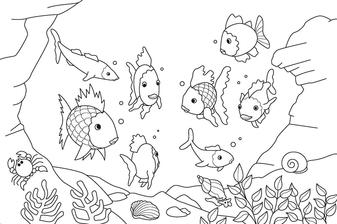 Раскраска аквариум с рыбками. Для срисовки