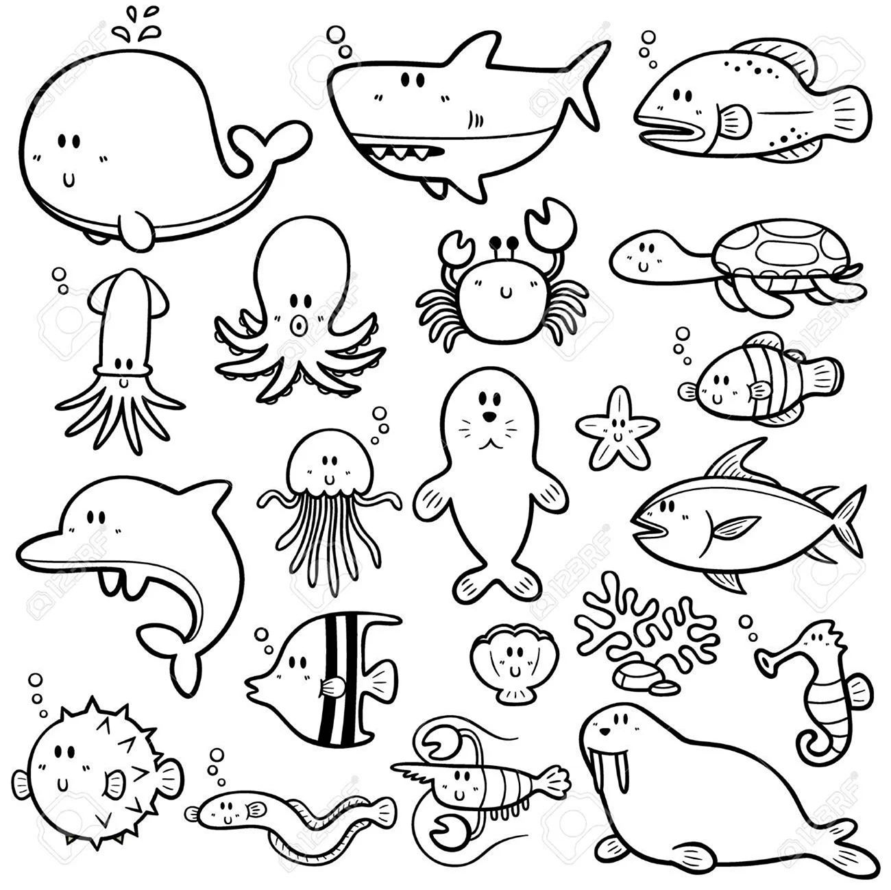 Раскраска маленькие морские животные. Для срисовки