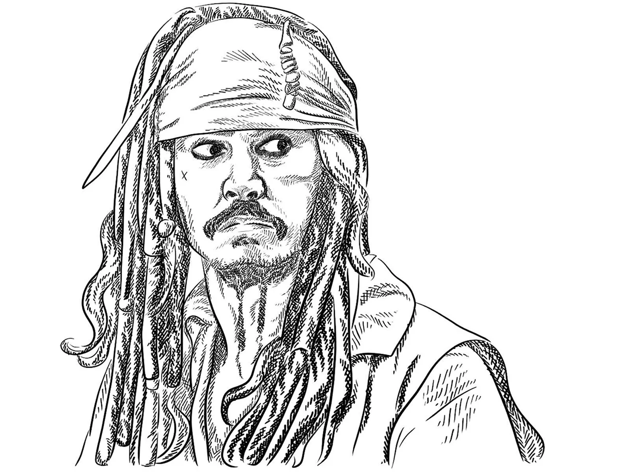 Раскраска пираты Карибского моря Джек Воробей. Для срисовки