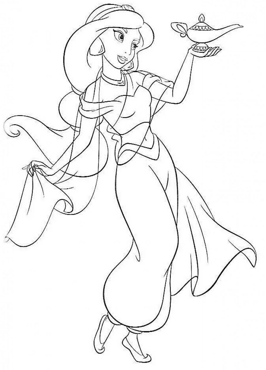 Раскраски принцессы Диснея Жасмин. Картинка из мультфильма