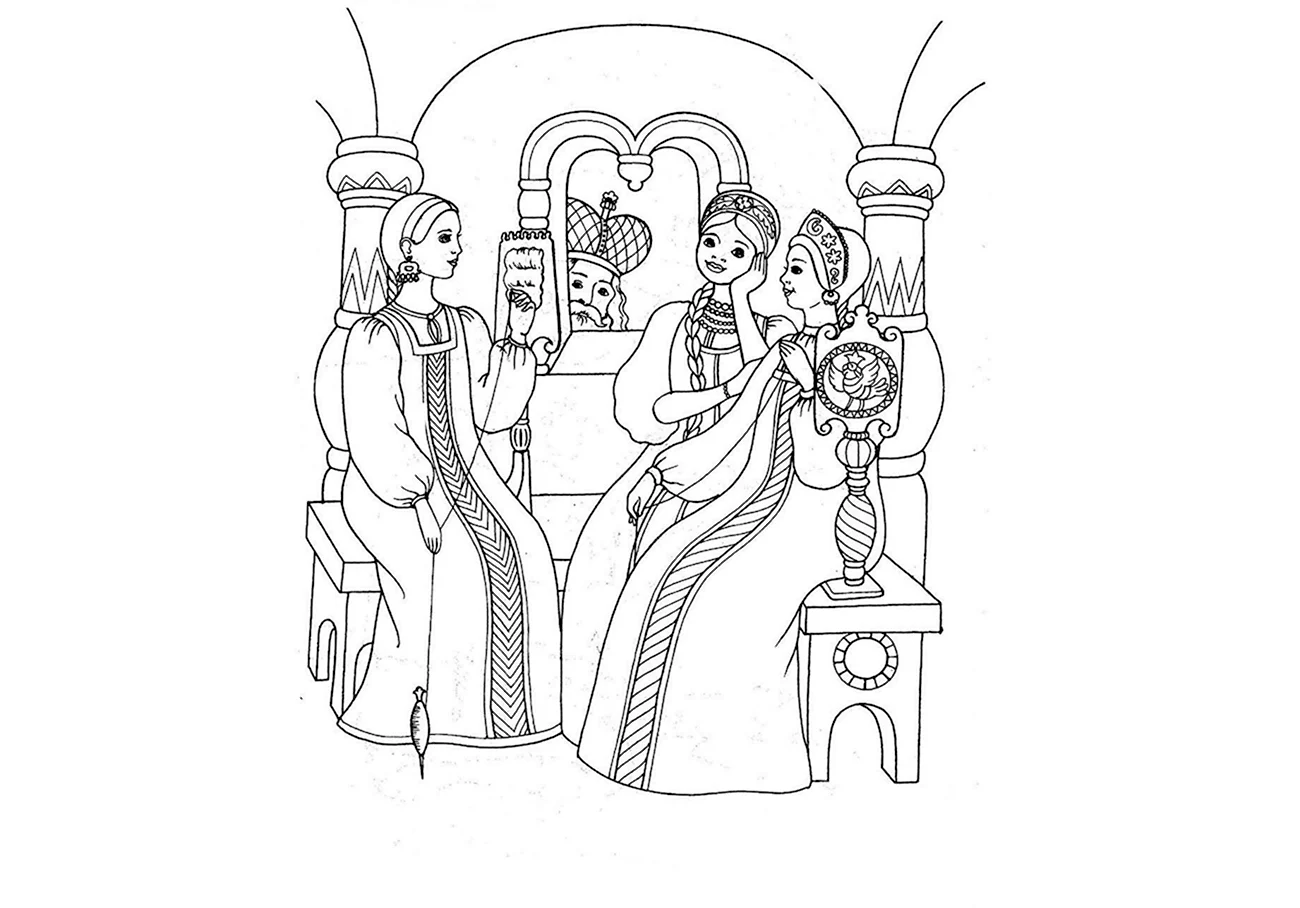 Сказка о царе Салтане раскраска три девицы под окном. Для срисовки