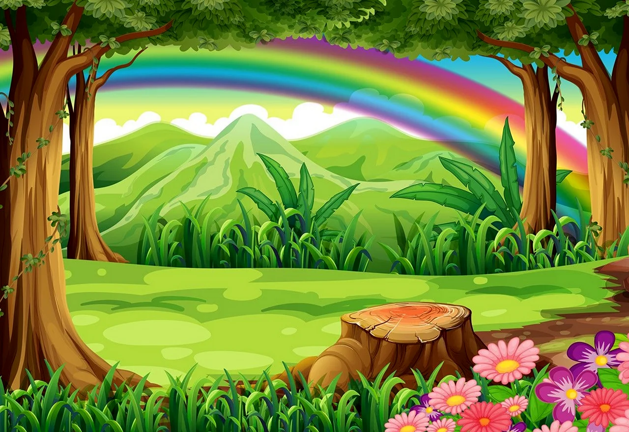 Сказочный лес с радугой. Красивая картинка