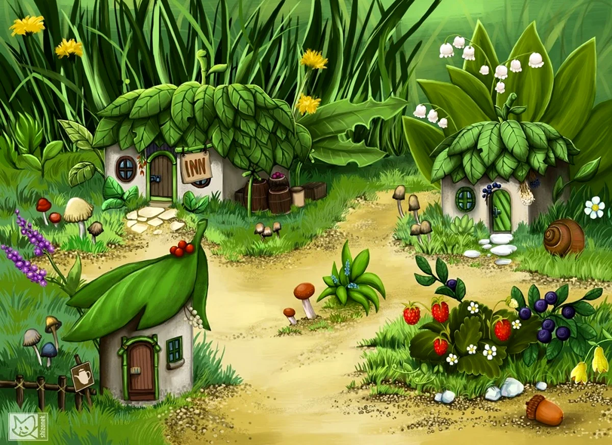 Сказочный огород с домиком. Красивая картинка