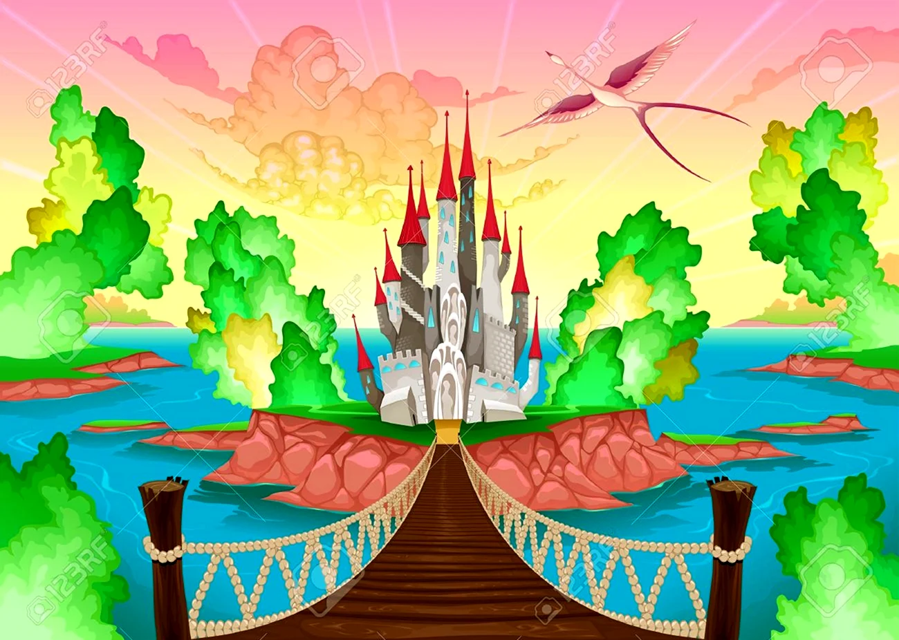 Сказочный замок с мостом. Красивая картинка