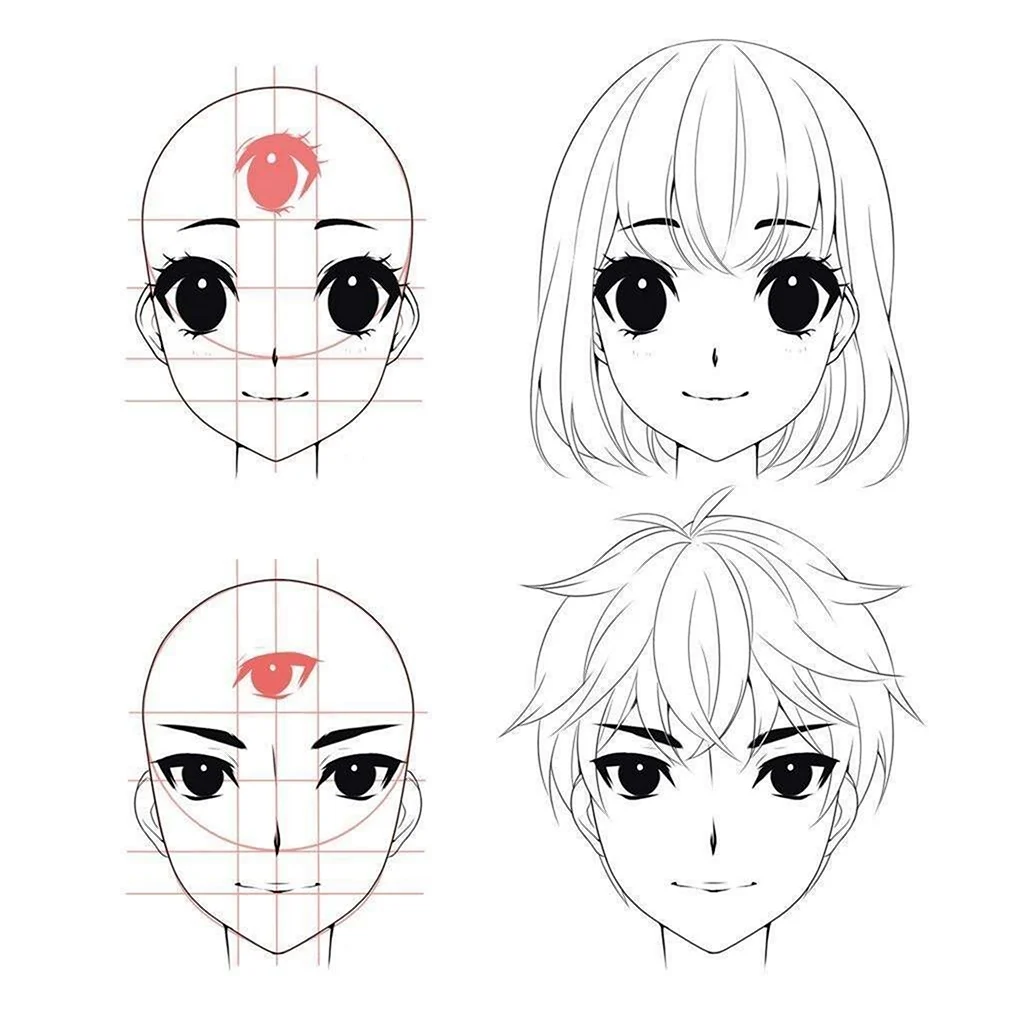 Схема рисования лица аниме. Для срисовки