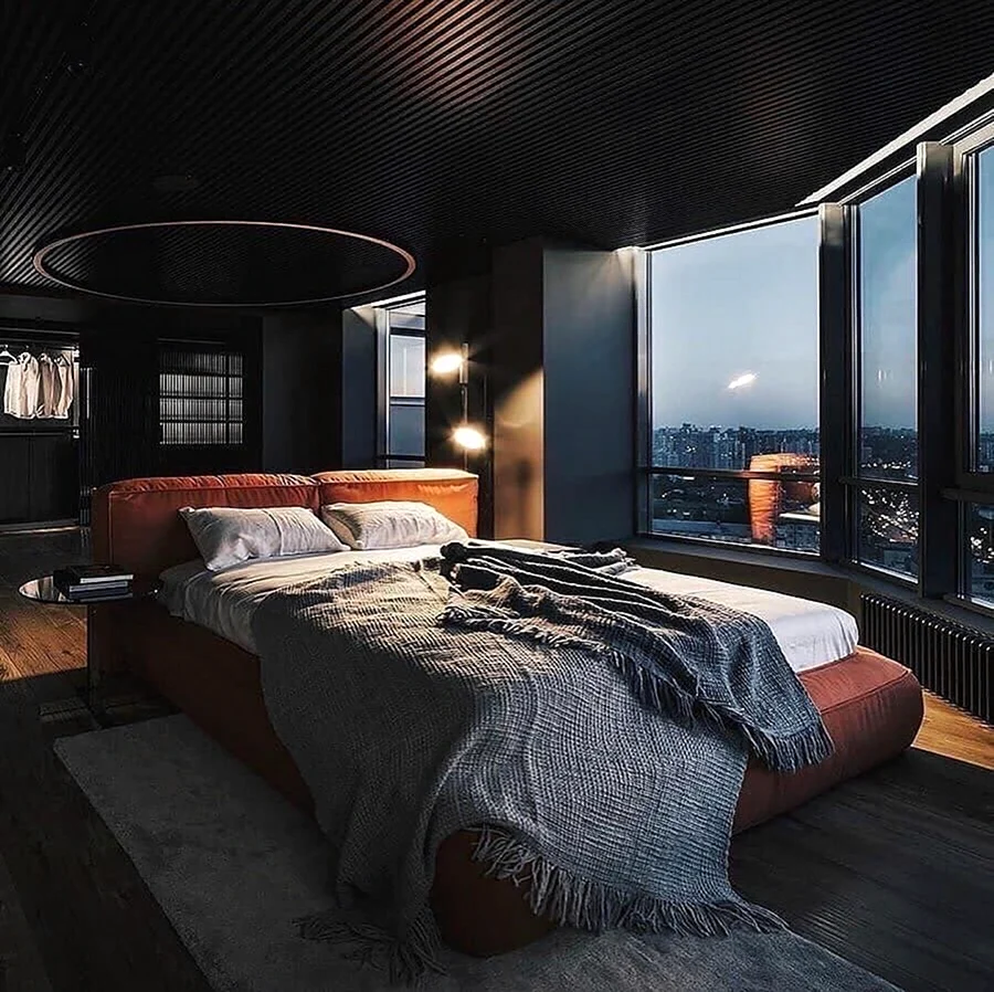 Спальня с панорамными окнами. Красивая картинка
