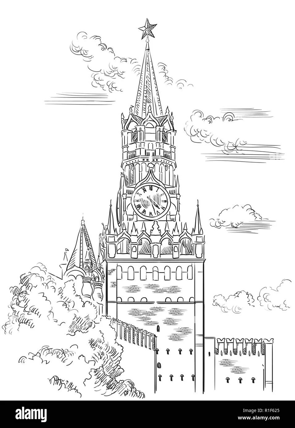 Спасская башня Кремля Москва раскраска. Для срисовки