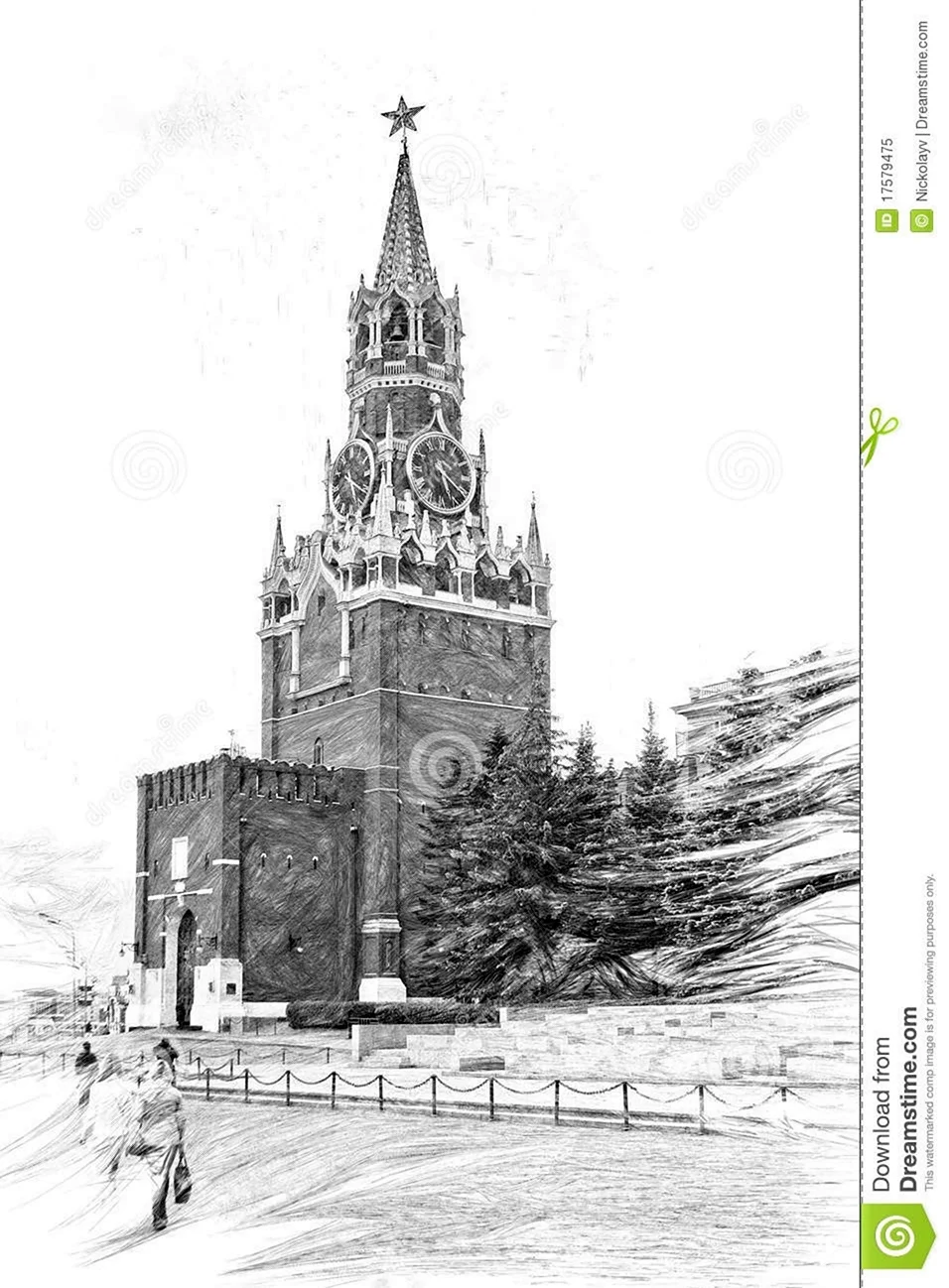 Спасская башня Московского Кремля чб. Для срисовки