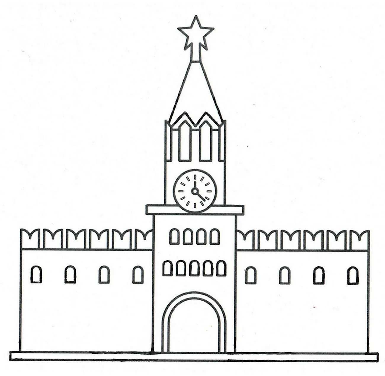 Спасская башня Московского Кремля для раскрашивания детям. Для срисовки