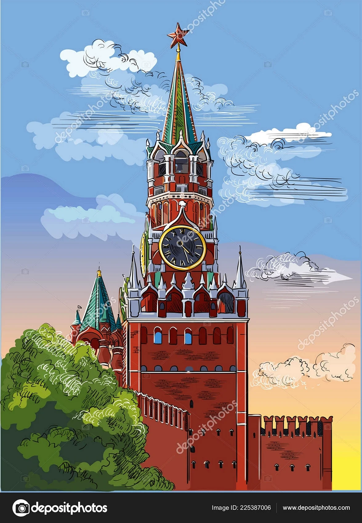 Спасская башня Московского Кремля вектор. Для срисовки
