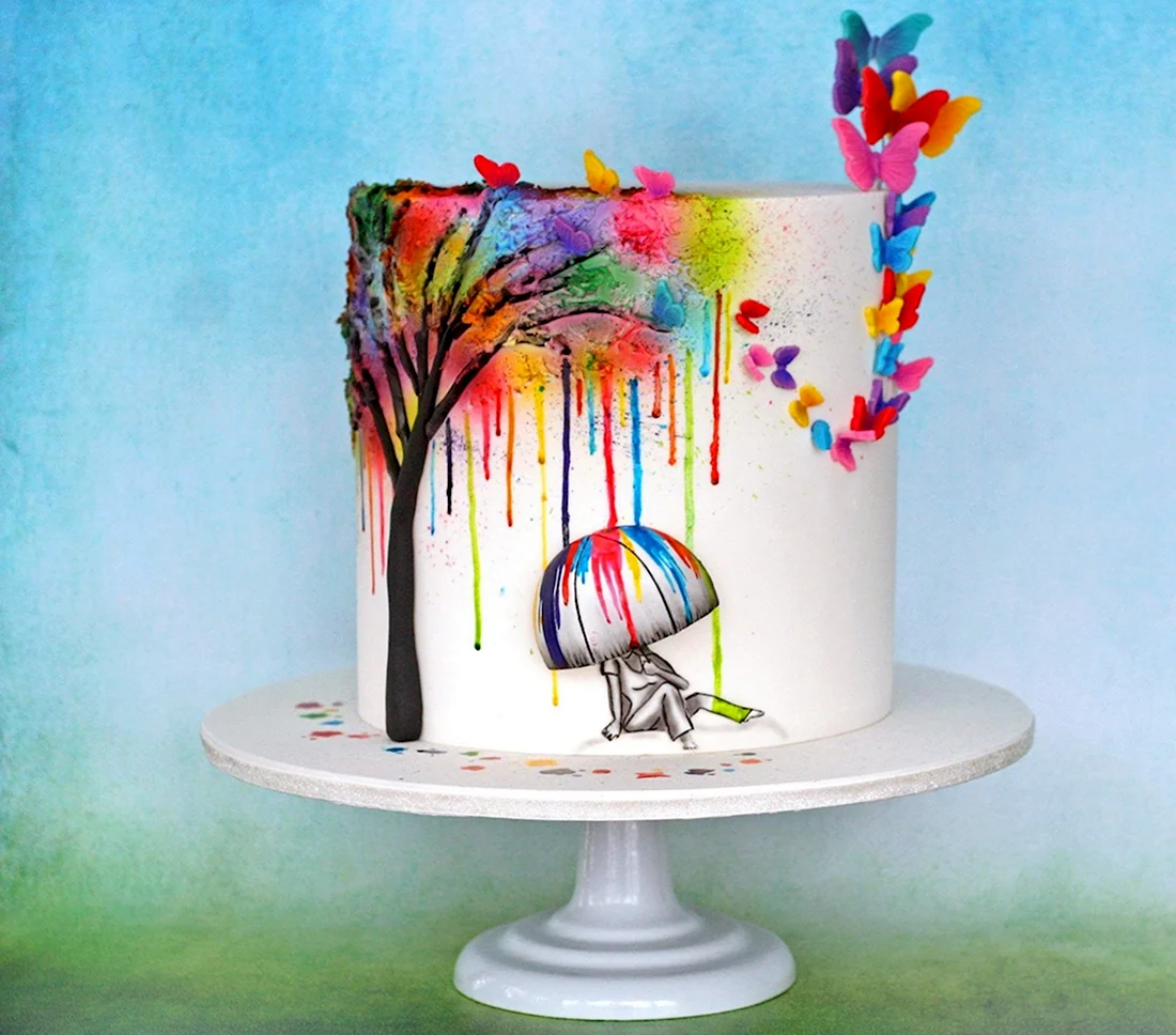 Торт с красками и кистями. Открытка с днем рождения