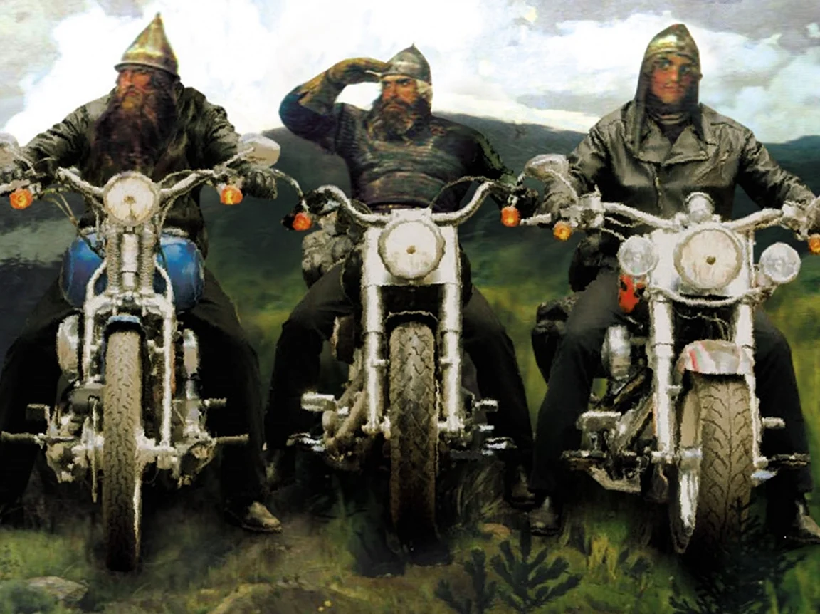 Три богатыря Васнецов на мотоциклах. Поздравление