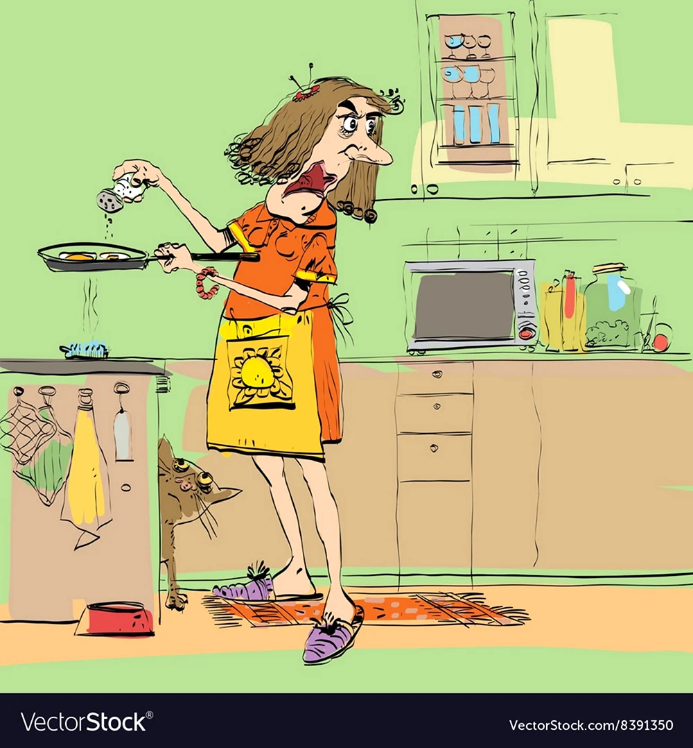 Уставшая женщина на кухне. Картинка