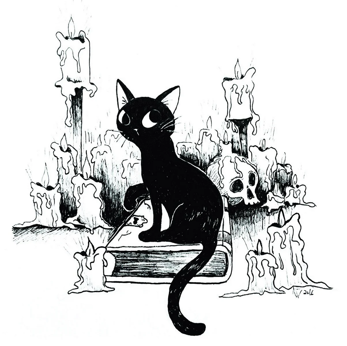 Ведьма с черным котом. Для срисовки