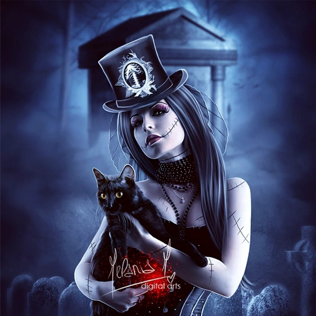 Ведьма с котом. Красивая девушка