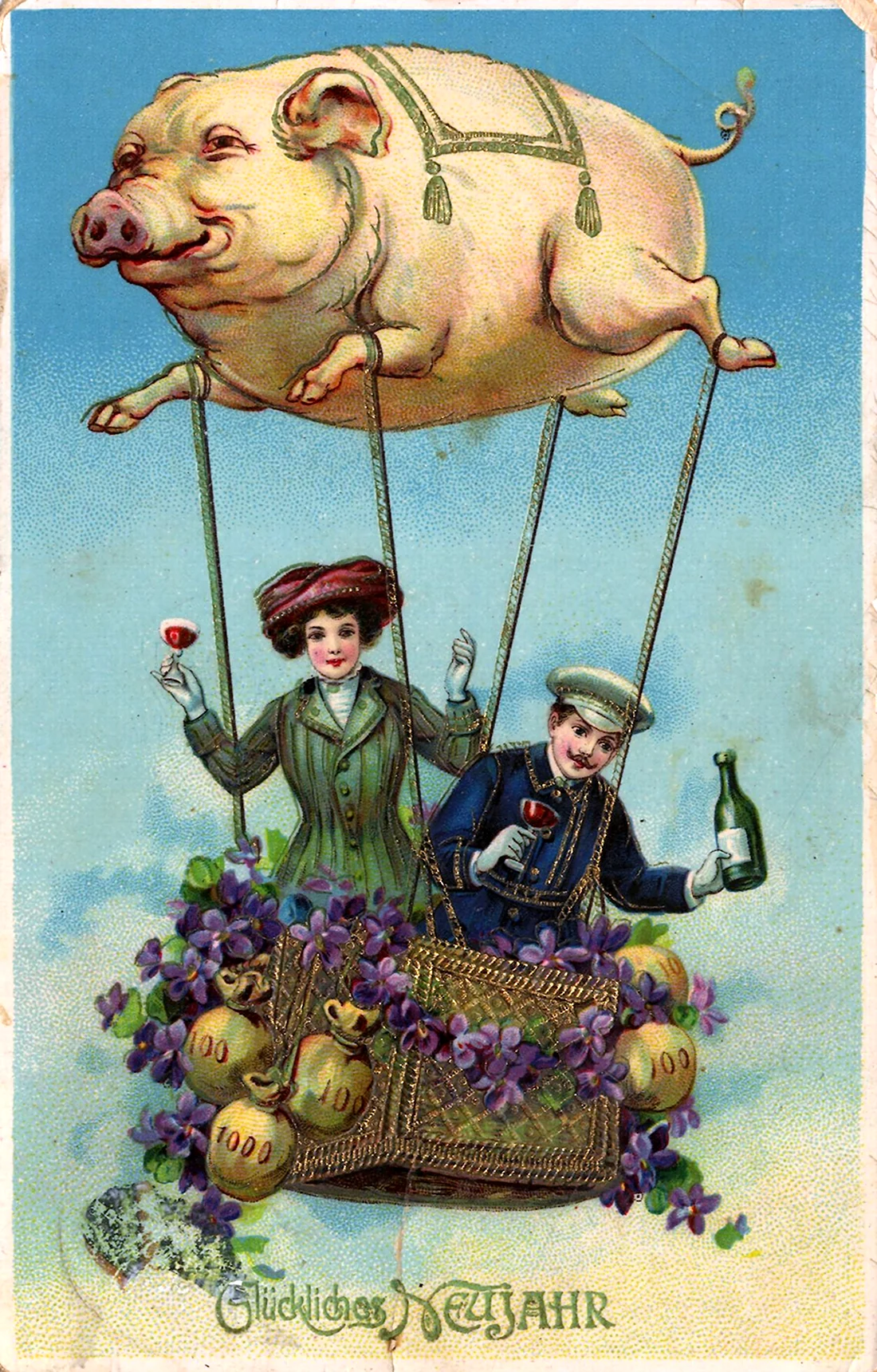 Винтажная открытка свинья. Открытка на праздник