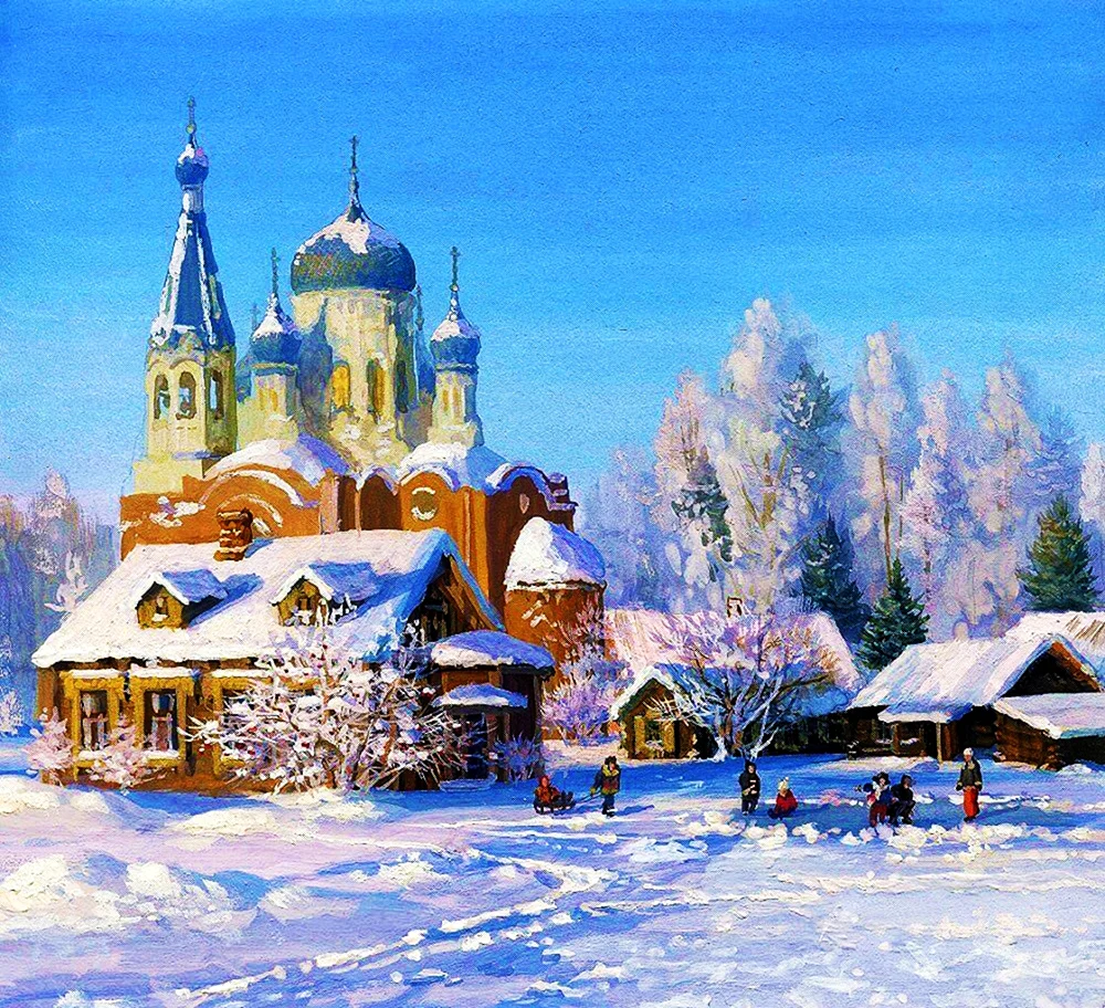 Владимир Жданов зима картины Церковь. Поздравление