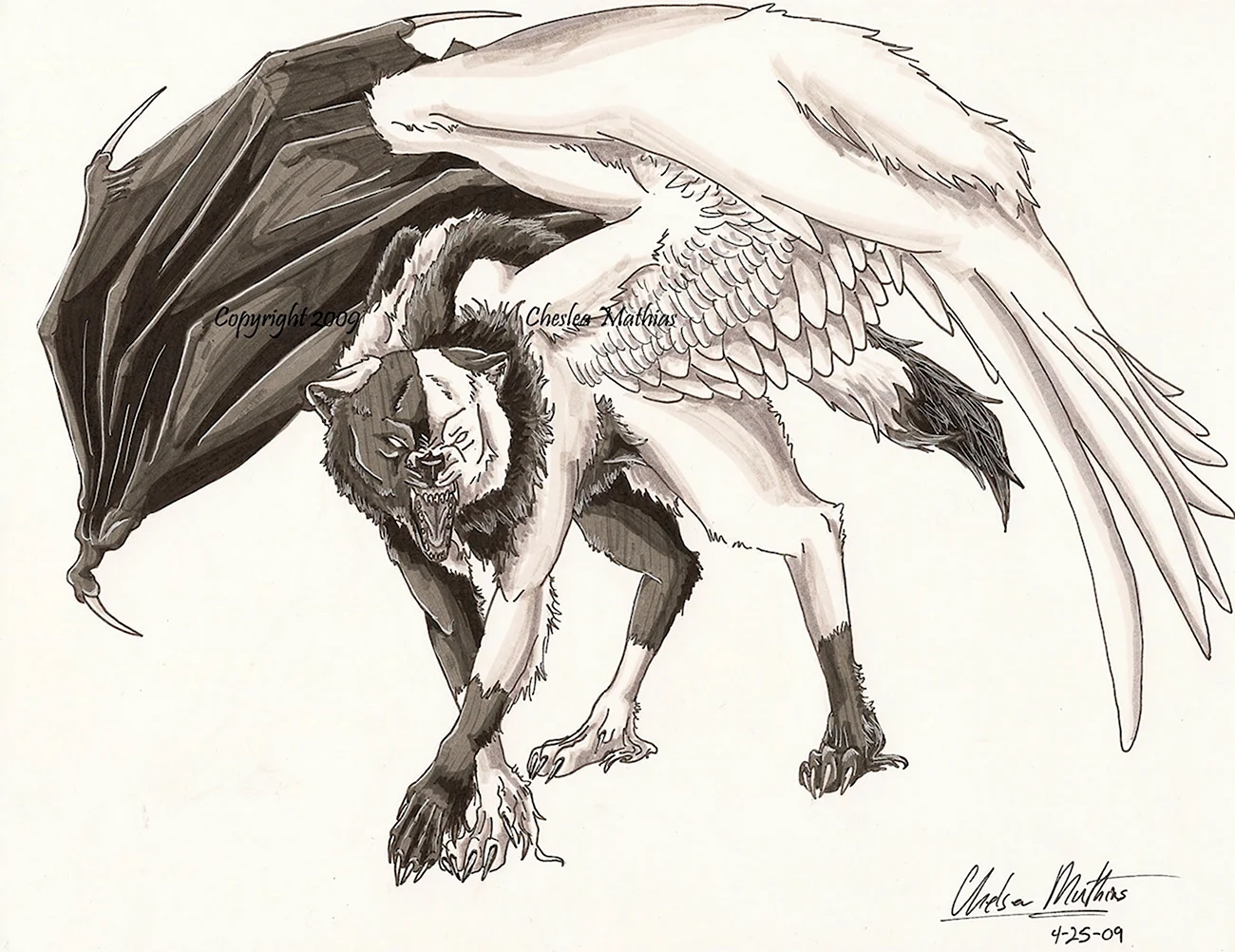 Волк с крыльями карандашом. Для срисовки