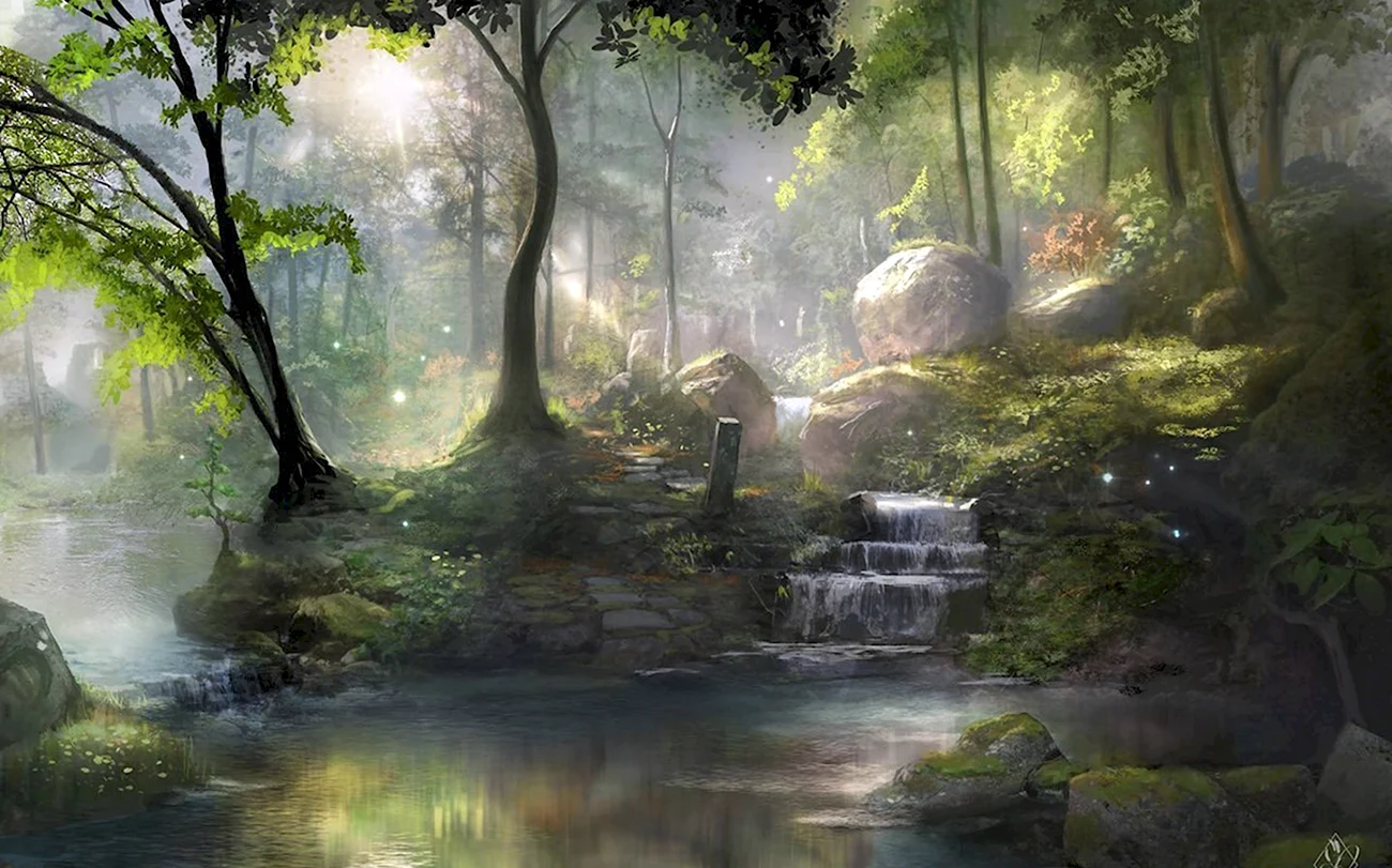 Волшебный лес с озером. Красивая картинка