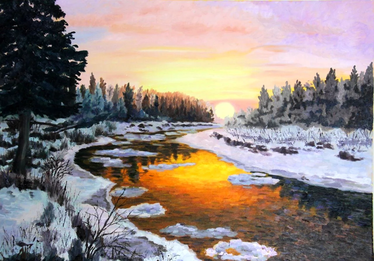 Зимний закат живопись. Красивая картинка